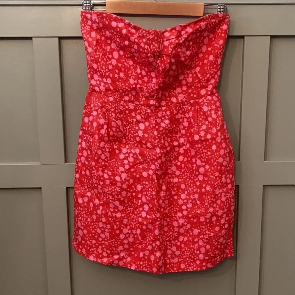 J. Crew 100% Linen Printed Strapless Dress Red & Pink Size 2
